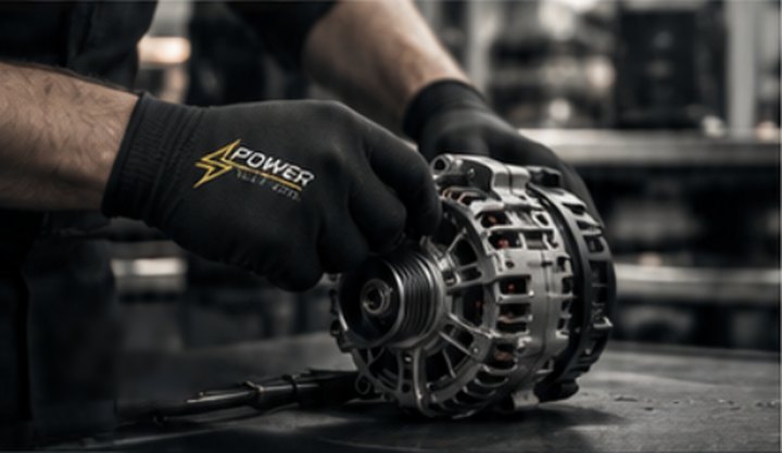 Tecnico con guanto Power Volt al lavoro su un alternatore